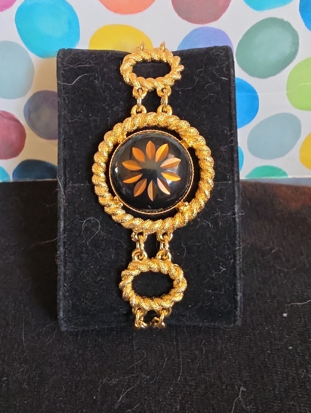 Vintage Gold-Tone Black and Amber Floral Medallion Bracelet